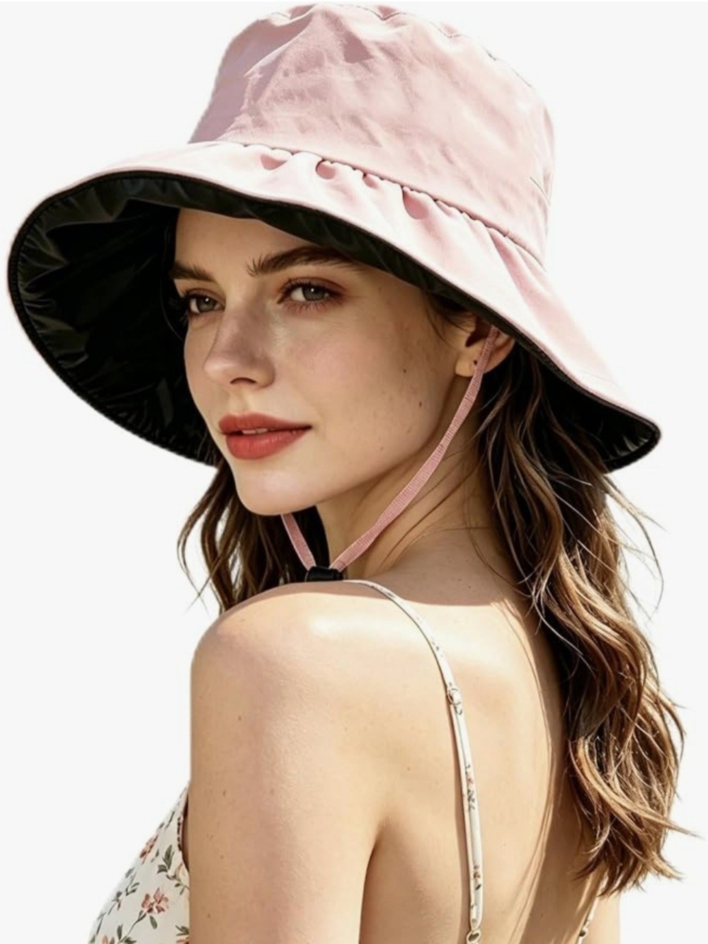 Women's Reversible Pink Bucket Sun Hat with Chin Strap